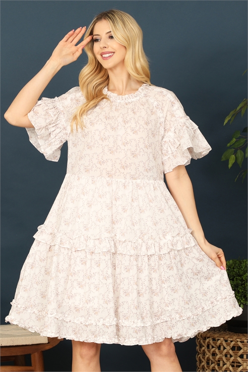 S8-4-4-D340L-WHITE TAUPE RUFFLE DETAIL BABYDOLL FLORAL DRESS 1-4-2
