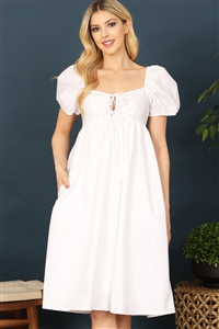 S6-10-1-D223L-WHITE KEYHOLE TIE DETAIL PUFF SHORT SLEEVE SIDE POCKET DRESS 2-2-1