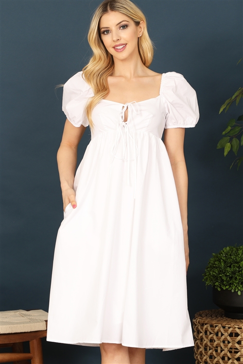 S11-3-4-D223L-WHITE KEYHOLE TIE DETAIL PUFF SHORT SLEEVE SIDE POCKET DRESS 3-2-2