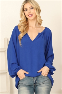 S10-3-3-T4416-4-ROYAL BLUE NOTCH NECK LONG PUFF SLEEVE SOLID TOP 2-2-2-2