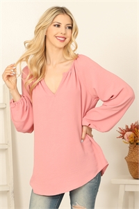S10-3-3-T4416-4-D. PINK NOTCH NECK LONG PUFF SLEEVE SOLID TOP 2-2-2-2