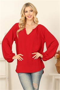 S10-5-3-T4416-4-RED NOTCH NECK LONG PUFF SLEEVE SOLID TOP 2-2-2-2