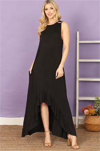 S10-6-3-D3646-BLACK SLEEVELESS ASSYMETRICAL RUFFLE HEM SOLID MAXI DRESS 2-2-2-2