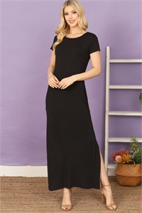 S9-5-2-D35038-BLACK SHORT SLEEVE ROUND NECK SIDE SLIT SOLID MAXI DRESS 2-2-2-2