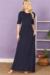 S8-2-3-D3601-NAVY SHORT SLEEVE ROUND NECK SIDE POCKET SOLID MAXI DRESS 2-2-2-2