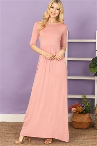 S8-2-2-D3601-D. PINK SHORT SLEEVE ROUND NECK SIDE POCKET SOLID MAXI DRESS 2-2-2-2