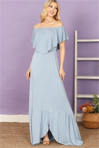 S11-4-3-D5096-D. BLUE OFF SHOULDER RUFFLE DETAIL FLOOR LENGTH SOLID DRESS 2-2-2-2