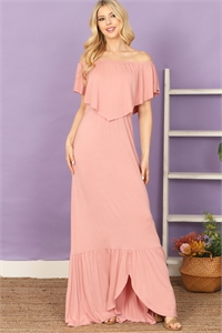 S10-3-1-D5096-D. PINK OFF SHOULDER RUFFLE DETAIL FLOOR LENGTH SOLID DRESS 2-2-2-2