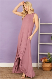 C70-A-1-D3646-MAUVE SLEEVELESS ASSYMETRICAL RUFFLE HEM SOLID MAXI DRESS 2-2-2-2