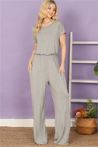 C74-A-2-J7051-H. GREY SHORT SLEEVE ELASTIC WAIST SOLID JUMPSUIT 2-2-2-2