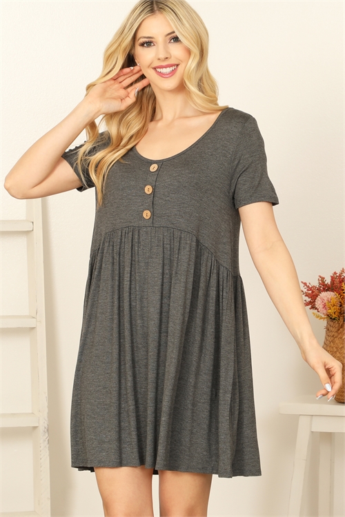 C86-A-1-D3965-CHARCOAL SHORT SLEEVE SCOOP NECK BUTTON DETAIL SOLID MINI DRESS 2-2-2-2