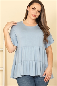 C92-A-1-T2767X-DUSTY BLUE PLUS SIZE RUFFLE SHORT SLEEVE TIERED SOLID TOP 2-2-2