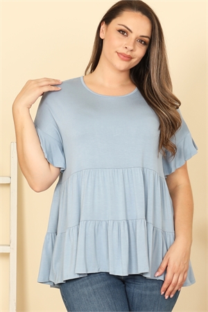 C96-A-1-T2767X-DUSTY BLUE PLUS SIZE RUFFLE SHORT SLEEVE TIERED SOLID TOP 0-2-1