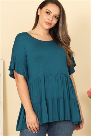 C92-A-1-T2767X-TEAL PLUS SIZE RUFFLE SHORT SLEEVE TIERED SOLID TOP 2-2-2