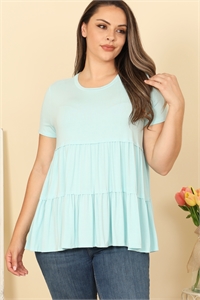 C94A-1-T4083X-AQUA PLUS SIZE SHORT SLEEVE PLEATED TIERED SOLID TOP 2-2-2