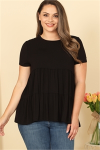 C94A-1-T4083X-BLACK PLUS SIZE SHORT SLEEVE PLEATED TIERED SOLID TOP 2-2-2