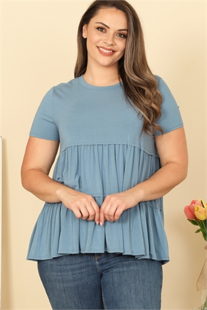 C94A-1-T4083X-D. BLUE PLUS SIZE SHORT SLEEVE PLEATED TIERED SOLID TOP 2-2-2