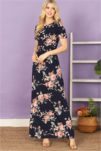 S8-5-1-D3515-6-NAVY SHORT SLEEVE ROUND NECK CINCH WAIST FLORAL MAXI DRESS 2-2-2-2