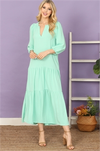 S8-4-2-D5571-MINT NOTCH NECK LONG SLEEVE TIERED RUFFLE SOLID MAXI DRESS 2-2-2-2