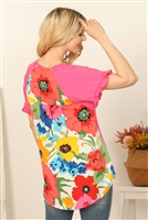 S7-2-1-T4214-4-FUCSHIA SOLID FRONT FLORAL BACK RUFFLE SHORT SLEEVE TOP 2-2-2-2