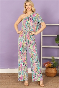 S6-3-1-J7136-1-D. BLUE MULTI ONE SHOULDER SHORT SLEEVE ELASTICE WAIST PRINTED JUMPSUIT 2-2-2-2