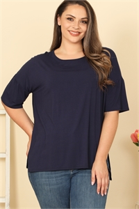 S86-A-1-T4207X-NAVY PLUS SIZE HALF SLEEVE SIDE SLIT SOLID TOP 2-2-2