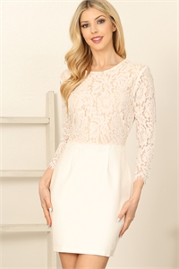 S11-1-3-D9747-WHITE NUDE LACE LONG SLEEVE SOLID PENCIL HEM DRESS 0-3-0-1