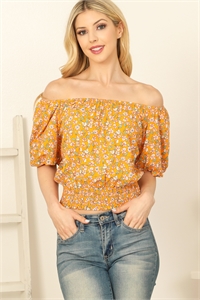 S10-6-1-T4905B-ORANGE OFF SHOULDER PUFF SLEEVE SMOCKED WAIST FLORAL CROP TOP 3-2-1