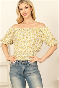 S10-6-1-T4905B-YELLOW OFF SHOULDER PUFF SLEEVE SMOCKED WAIST FLORAL CROP TOP 3-2-1