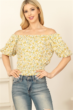 S9-5-4-T4905B-YELLOW OFF SHOULDER PUFF SLEEVE SMOCKED WAIST FLORAL CROP TOP 1-1-1