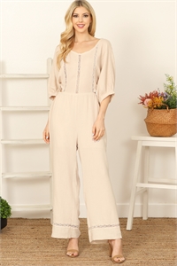 S5-7-1-J6347-NATURAL HALF SLEEVE FLORAL PATCH BACK TIE SOLID JUMPSUIT 3-2-1