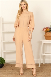 S5-8-1-J6347-APRICOT HALF SLEEVE FLORAL PATCH BACK TIE SOLID JUMPSUIT 3-2-1