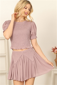 S6-8-2-SET2063-ASH LILAC PUFF SLEEVE SMOCKED TOP PLEATED SMOCKED SKIRT 3-2-1