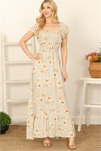 S6-10-1-D1929-SILVER YELLOW RUFLE SLEEVE ELASTIC WAIST BACK TIE FLORAL MAXI DRESS 3-2-1