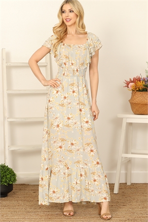 S6-10-1-D1929-SILVER YELLOW RUFLE SLEEVE ELASTIC WAIST BACK TIE FLORAL MAXI DRESS 3-2-1