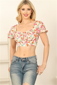 SA4-5-2-T6495-MULTICOLOR SHORT PUFF SLEEVE BACK TIE FLORAL CROP TOP 3-2-1