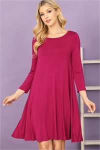 C74-A-1-D3252B-MAGENTA SOLID BOAT NECK QUARTER SLEEVE SIDE POCKET DRESS 2-0-1-2