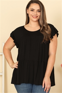 C86-A-3-T2425X-BLACK PLUS SIZE RUFFLE SHORT SLEEVE TIERED SOLID TOP 2-2-2