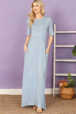 S7-7-2-D3601-D, BLUE SHORT SLEEVE ROUND NECK SIDE POCKET SOLID MAXI DRESS 2-2-2-2