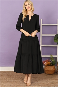 SA4-4-1-D5571-BLACK NOTCH NECK LONG SLEEVE TIERED RUFFLE SOLID MAXI DRESS 2-2-2-2