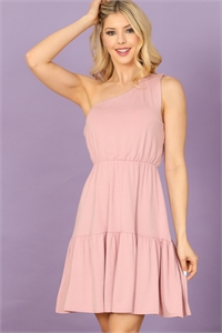 S8-5-4-D5455-D. PINK ONE SHOULDER SLEEVELESS TIERED RUFFLE SOLID MINI DRESS 1-2-2-2