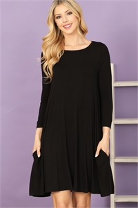 C72-A-1-D3252B-BLACK SOLID BOAT NECK QUARTER SLEEVE SIDE POCKET DRESS 2-2-2-0