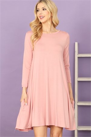 C72-A-1-D3252B-D. PINK SOLID BOAT NECK QUARTER SLEEVE SIDE POCKET DRESS 2-2-2-2