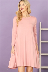 C76-A-1-D3252B-D. PINK SOLID BOAT NECK QUARTER SLEEVE SIDE POCKET DRESS 0-0-3-0