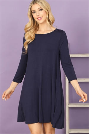 C72-A-1-D3252B-NAVY SOLID BOAT NECK QUARTER SLEEVE SIDE POCKET DRESS 1-2-2-2