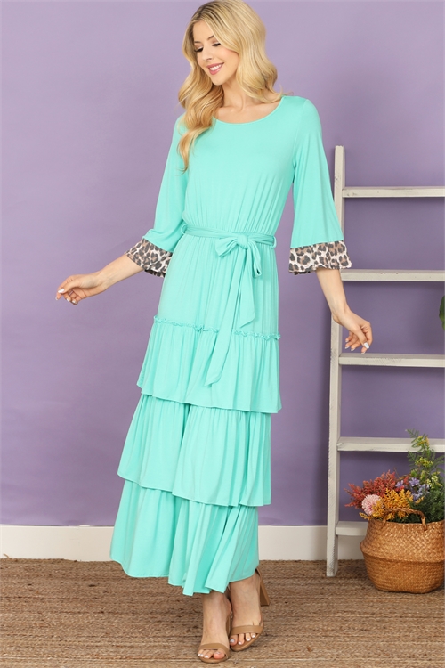 C86-A-3-D3902-MINT LEOPARD CUFF SOLID LAYERED HEM WAIST TIE MAXI DRESS 2-2-2-2