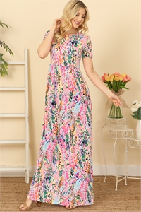 S6-10-3-D3515-51-D. PINK SHORT SLEEVE ROUND NECK PRINTED MAXI DRESS 1-1-0-0