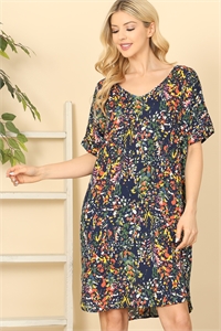 S4-8-3-D5003-1-NAVY SHORT SLEEVE V-NECK PRINTED DRESS 2-2-2-2  (NOW $6.75 ONLY!)
