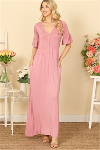 C68-A-1-D3697-D. PINK FLOUNCE SLEEVE V-NECK BUTTON DETAIL SIDE POCKET SOLID MAXI DRESS 2-2-2-2