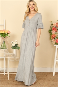 C68-A-1-D3697-H. GREY FLOUNCE SLEEVE V-NECK BUTTON DETAIL SIDE POCKET SOLID MAXI DRESS 2-2-2-2